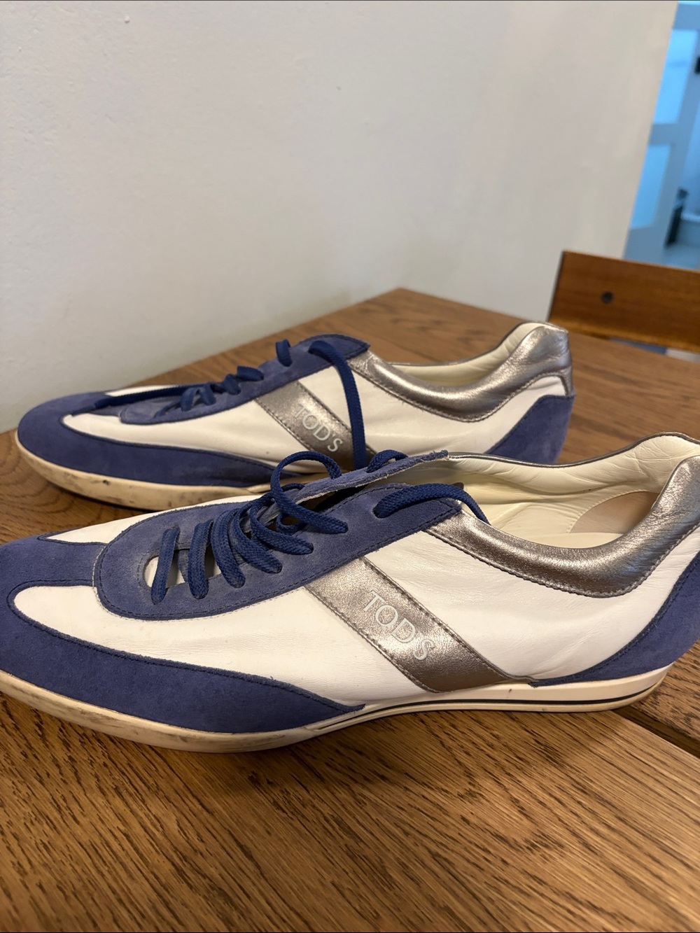 Tod's Blue, White and Silver Leather & Suede Sneakers